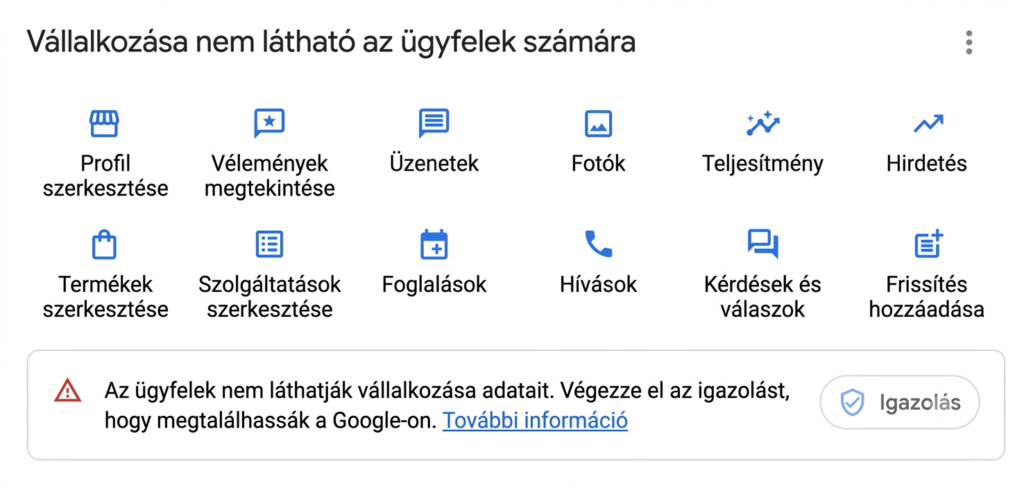 Nem hitelesített Google cégprofil, hibaüzenettel.